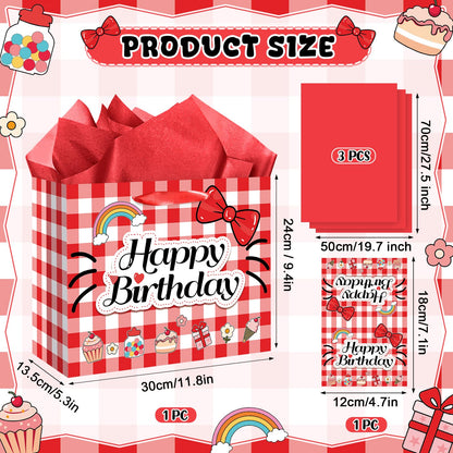 Red Gingham Cat Gift Bag Kawaii Cartoon Birthday Bag with Greeting Card & Tissue Paper - Rainbow Bowknot Cherry Sweet Party Favor Bag for Girls, Kids, Baby Shower, Picnic Party Supplies