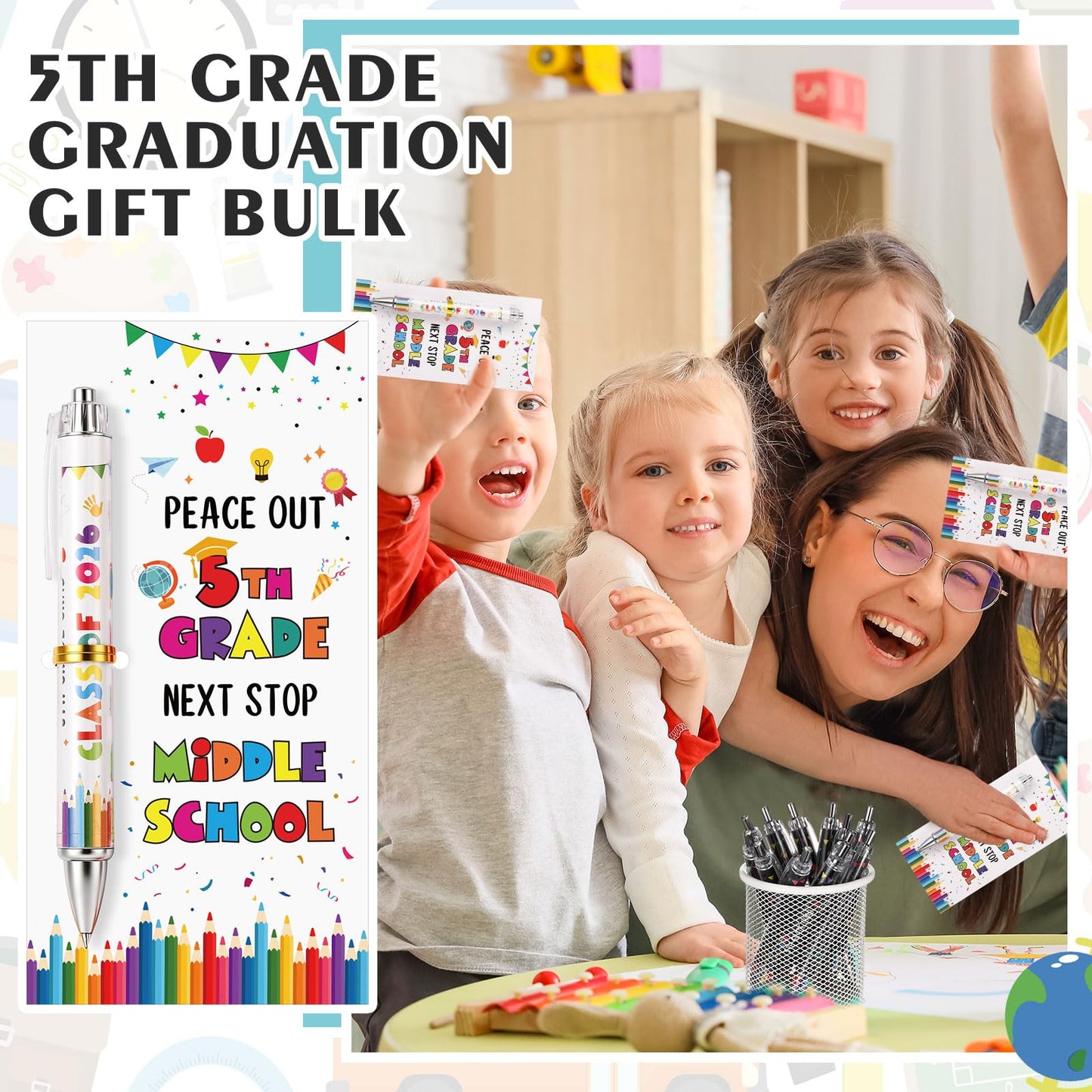 Sayglossy 24 Set 5th Grade Graduation Gifts Bulk Class of 2026 Ballpoint Pens with Inspirational Greeting Cards Fifth Grade Graduation Party Favors for Students (White)