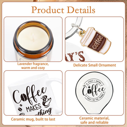 Coffe Gifts for Women, 6 Pcs Coffee Gift Basket, Includes Mug, Candle, Ceramic Coaster, Spoon, Keychain & Sock, Christmas Mother's Day Birthday Present for Coffee Lover