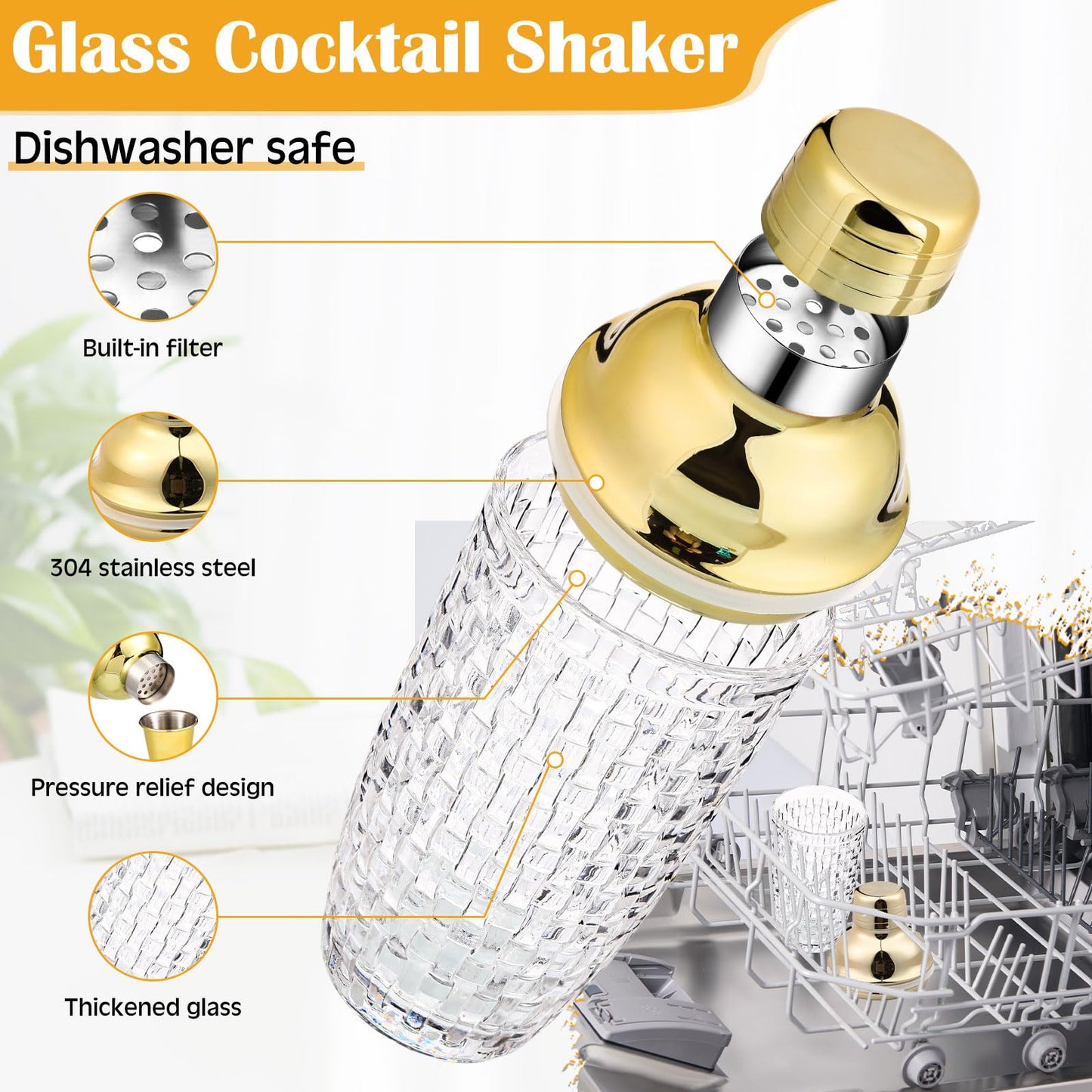 Pickmesh 9 Pcs Cocktail Shaker Set 13 oz Glass Cocktail Shaker with Built-in Strainer, 2 Martini Glasses, Shakers Bartending Drink Mixer Set Drink Mixer Gifts for Dad, Boyfriend, Husband (Gold)