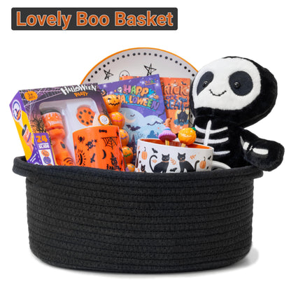 Small Woven Gift Basket Empty with Bag & Ribbon - Gifts for Mom, Baby Shower, Birthdays & Raffle - Cotton Rope Storage Basket for Dog Toys or Shelf - 12"x8"x5", Black