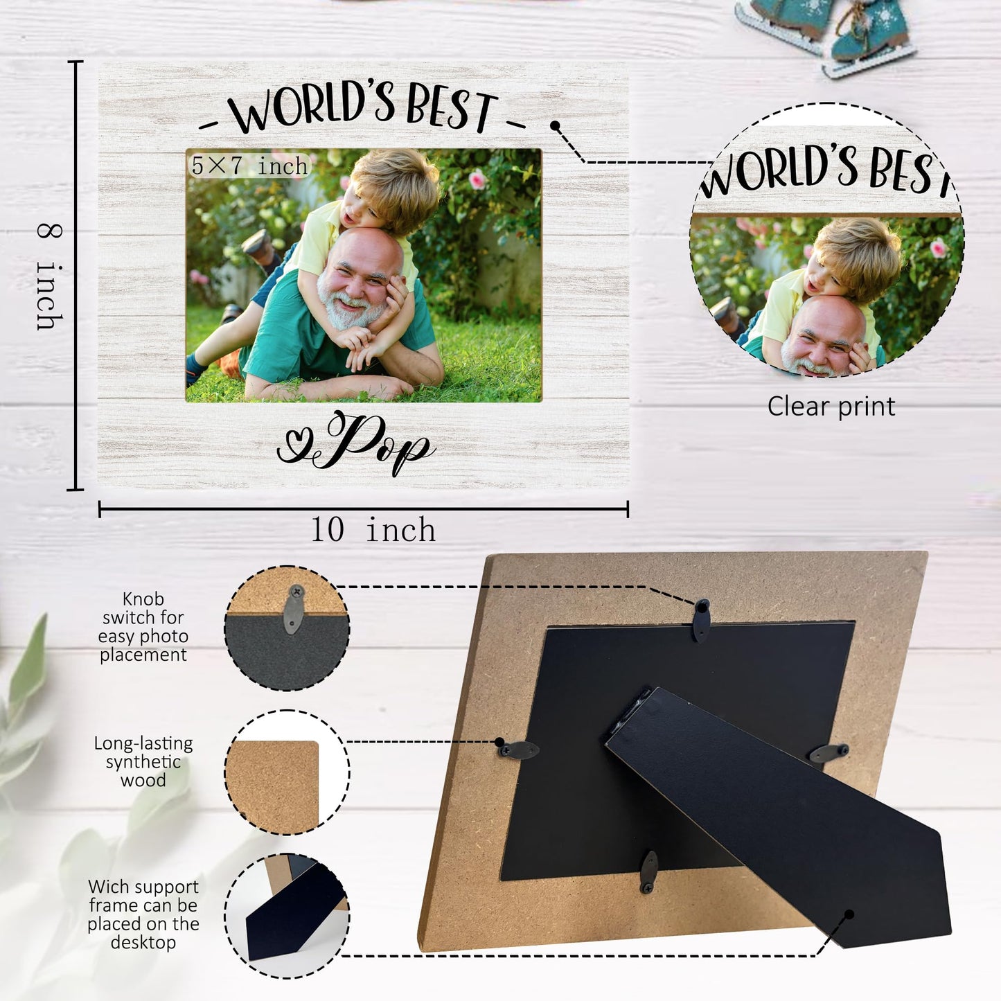 Pop Pops Gifts Picture Frames, Pop Grandpa Photo Frame Gift for Grandfather Fathers Day Christmas from Grandkids, World's Best Pop Picture Frame, Grandpa Wood Picture Frames for 5x7 Photos