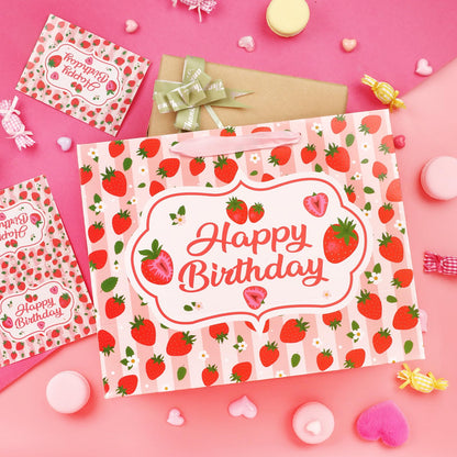 Hooqict Large Strawberry Birthday Gift Bag Pink Happy Birthday Gift Wrapping Bag with Handles, Tissue Paper, Greeting Card for Girls Kids Women Sweet Strawberry Party Decorations Supplies