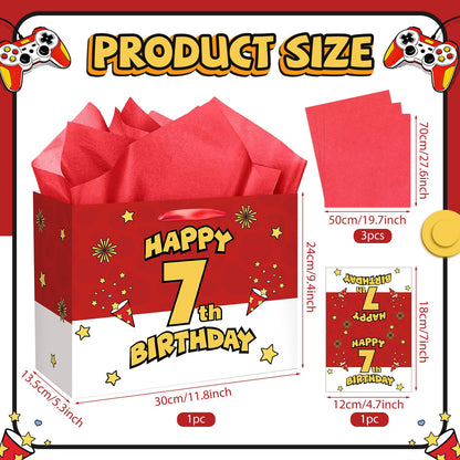 7th Birthday Gift Bag for Boys Red and White Comic Style Wrapping Paper Bag with 3 Sheets Tissue Paper Greeting Card for 7 Year Old Kids Birthday Party Decorations Gamer Themed Party Supplies