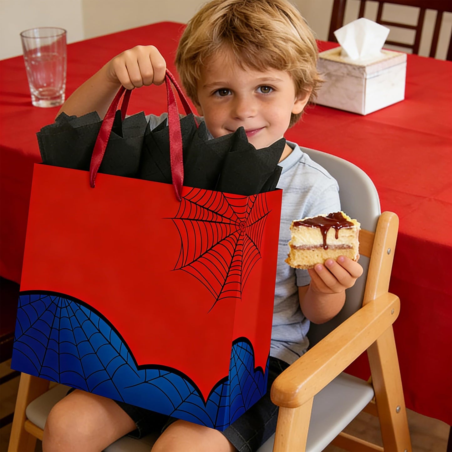 Caoekego 13" Large Spider Gift Bag (includes cards, colored paper, and stickers), Superhero Tote Gift Bag, Cartoon Spider Birthday Party Supplies