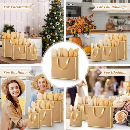 Yeaqee 12 Pcs Metallic Paper Gift Bag with Handle Tissue Paper Assorted Size Include 8" 10" 13" Thank You 5 Senses Gift Bag for Him Her Birthday Wedding Groomsmen Bridesmaid(Kraft,Gold)