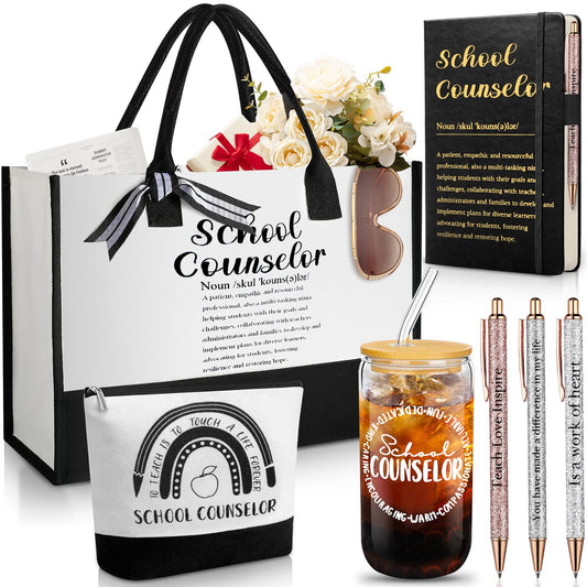 7 Pcs School Counselor Gift Sets Guidance Counselor Welcome Gift Include 16 oz Iced Cups Canvas Tote Makeup Bag Notepad 3 Ballpoints Pen for Back to School Women Teacher Educator Work