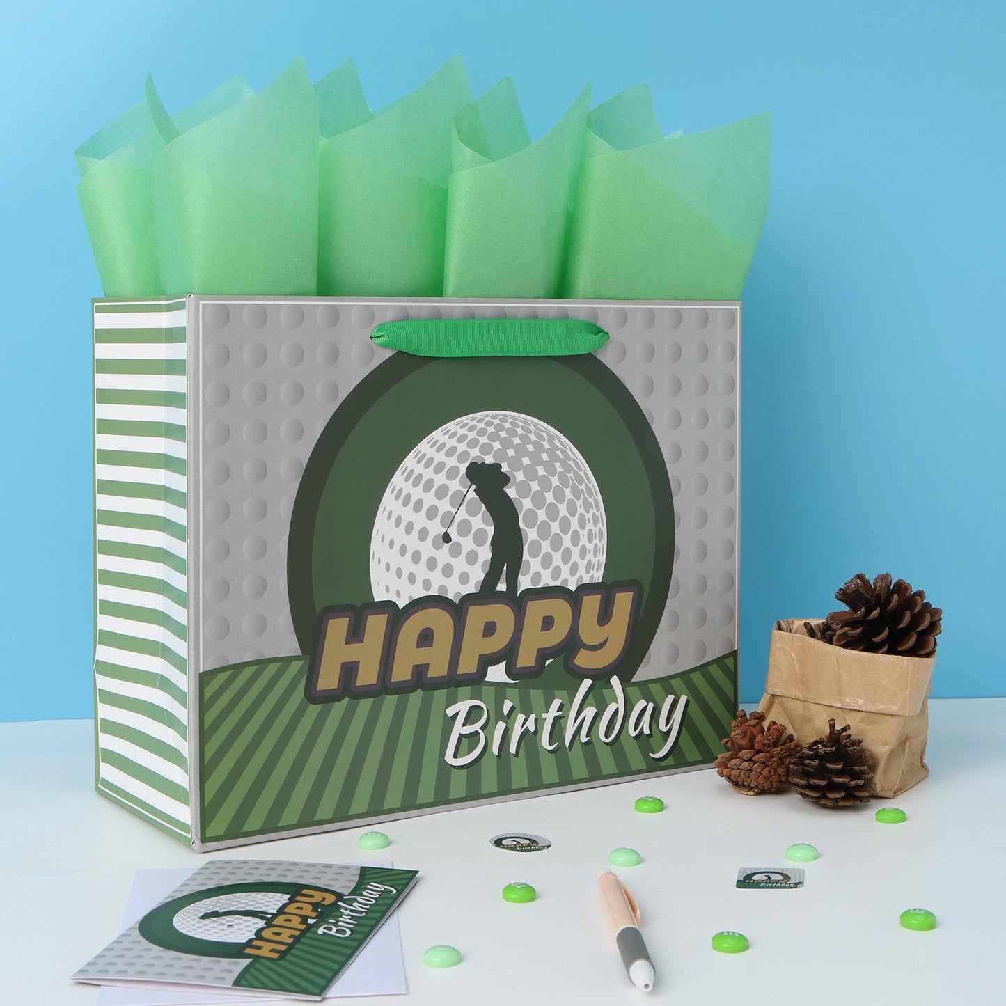 13” Large Golf Birthday Gift Bag Set with Handles, Greeting Card, Blue Tissue Papers for Men Boys Golfers for Golf Party Favors, Sports Themed Design, 1 Pcs