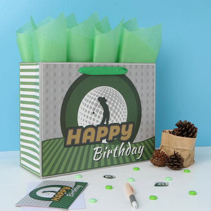 13” Large Golf Birthday Gift Bag Set with Handles, Greeting Card, Blue Tissue Papers for Men Boys Golfers for Golf Party Favors, Sports Themed Design, 1 Pcs