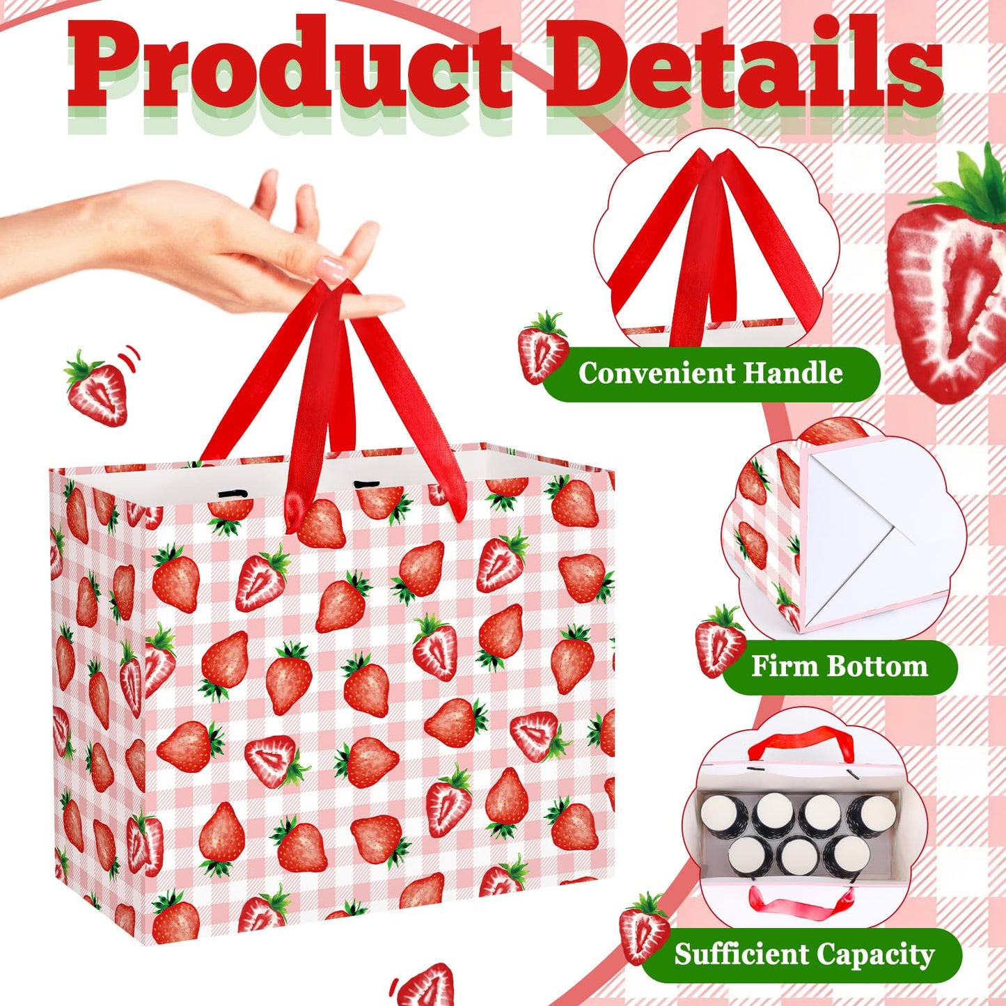 Strawberry Gift Bag with Red Tissue Paper & Card Pink Gingham Plaid Gift Wrapping Bag - Berry Sweet Theme Party Supplies for Women Teen Girls 1st Birthday, Baby Shower, Bridal Shower Summer Picnic