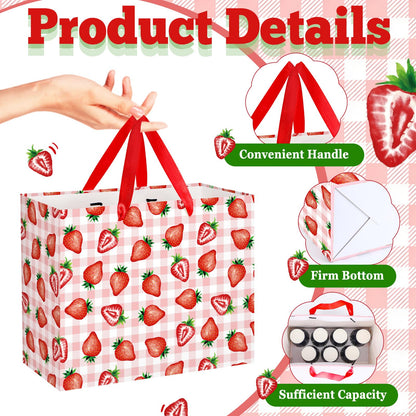 Strawberry Gift Bag with Red Tissue Paper & Card Pink Gingham Plaid Gift Wrapping Bag - Berry Sweet Theme Party Supplies for Women Teen Girls 1st Birthday, Baby Shower, Bridal Shower Summer Picnic