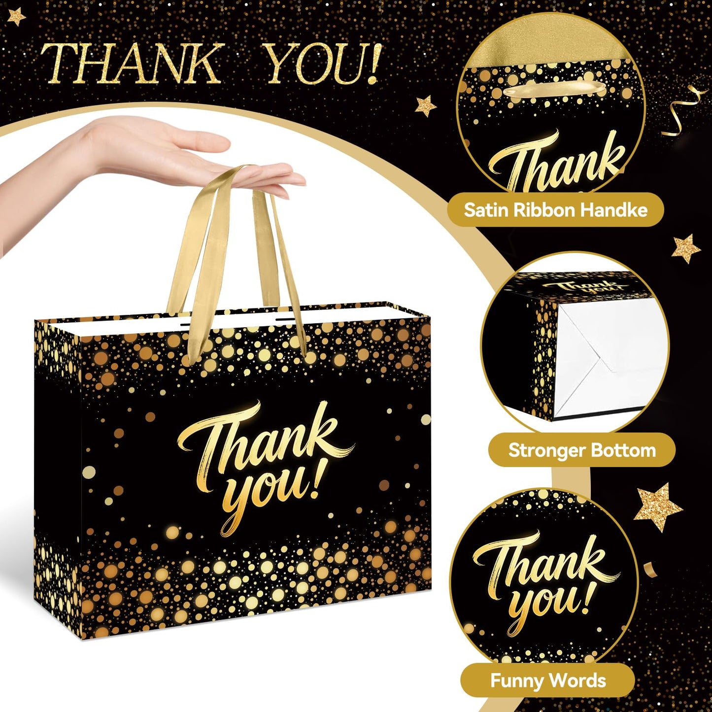 YXYASR Elegant Black Gold Thank You Gift Bag with Handles - Large Gift Bag Set Includes 3 Sheets of Gold Tissue Paper and Matching Greeting Card with Envelope - for Weddings, Graduations