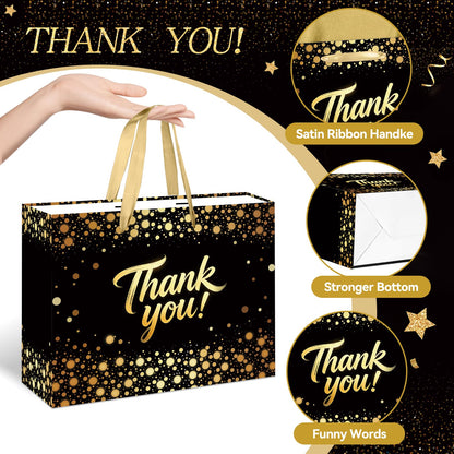 YXYASR Elegant Black Gold Thank You Gift Bag with Handles - Large Gift Bag Set Includes 3 Sheets of Gold Tissue Paper and Matching Greeting Card with Envelope - for Weddings, Graduations