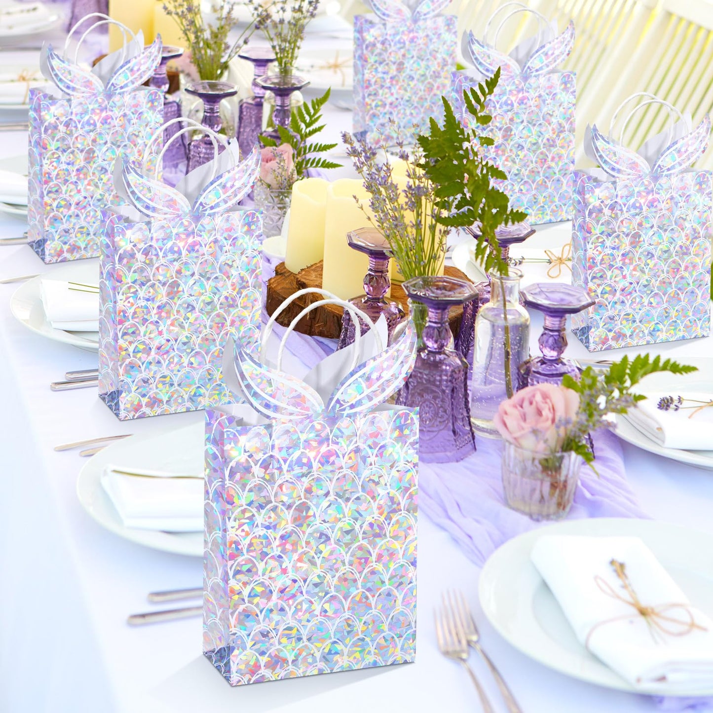 Watersay 24 Pcs Holographic Mermaid Gift Bags Iridescent Mermaid Party Favor Goodie Candy Treat Bags with Handles for Birthday Baby Shower Little Decorations