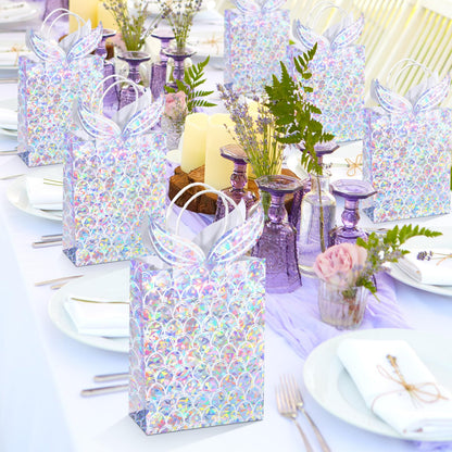Watersay 24 Pcs Holographic Mermaid Gift Bags Iridescent Mermaid Party Favor Goodie Candy Treat Bags with Handles for Birthday Baby Shower Little Decorations