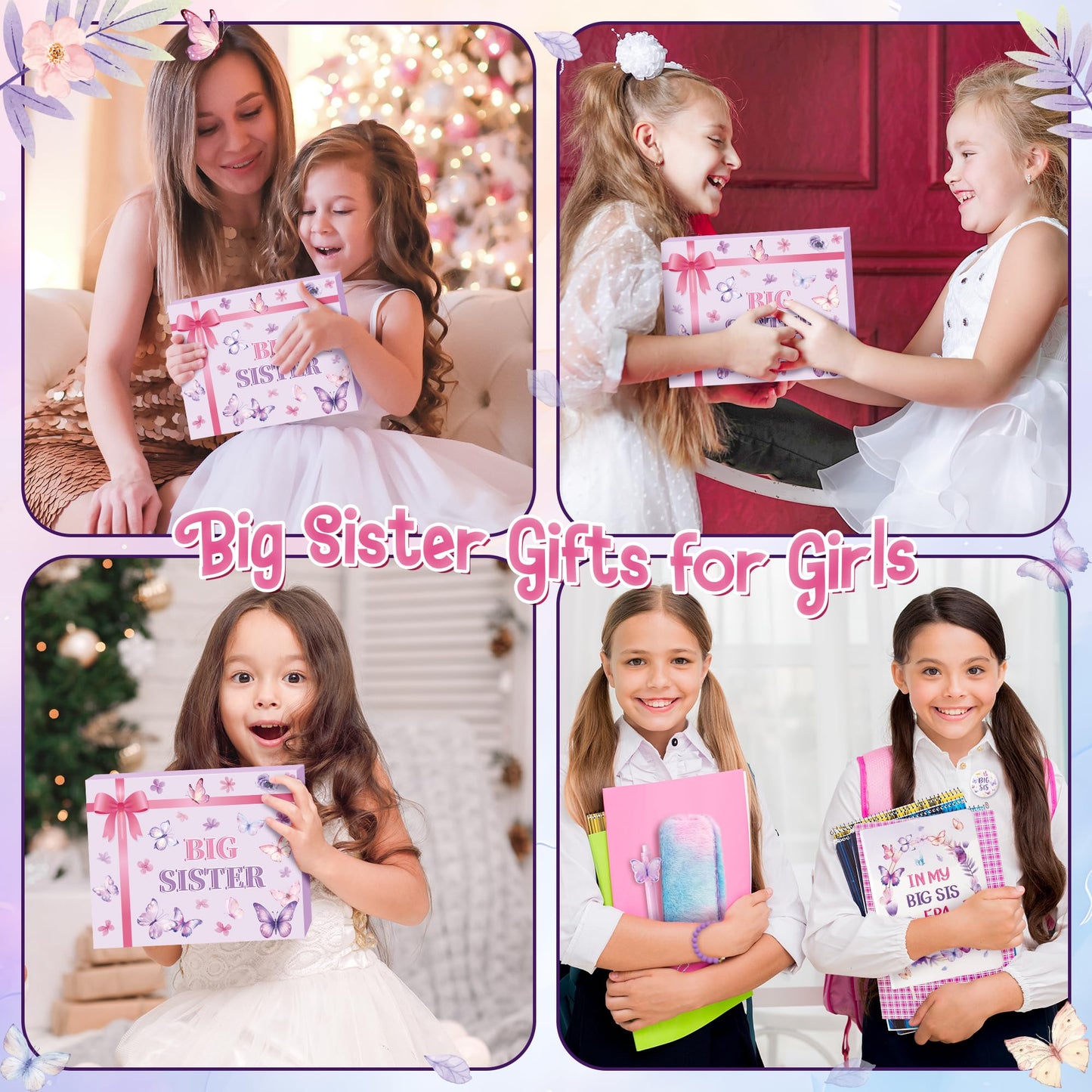 CY2SIDE Big Sister Gifts for Girls, 7PCS In My Big Sis Era Announcement Set Include Butterfly Notebook Pen Plush Pouch Keychain and Greeting Card, Charm Birthday Gifts for New Sibling Arrival Age 2-8