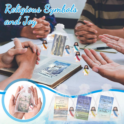 Bememo 50 Sets Christian Gifts Bulk Bible Verse Cards Include Little Jesus Figures Prayer Cards and Organza Bags for Religious Party Favors Sunday Baptism Gifts(Landscape Style,Bright)