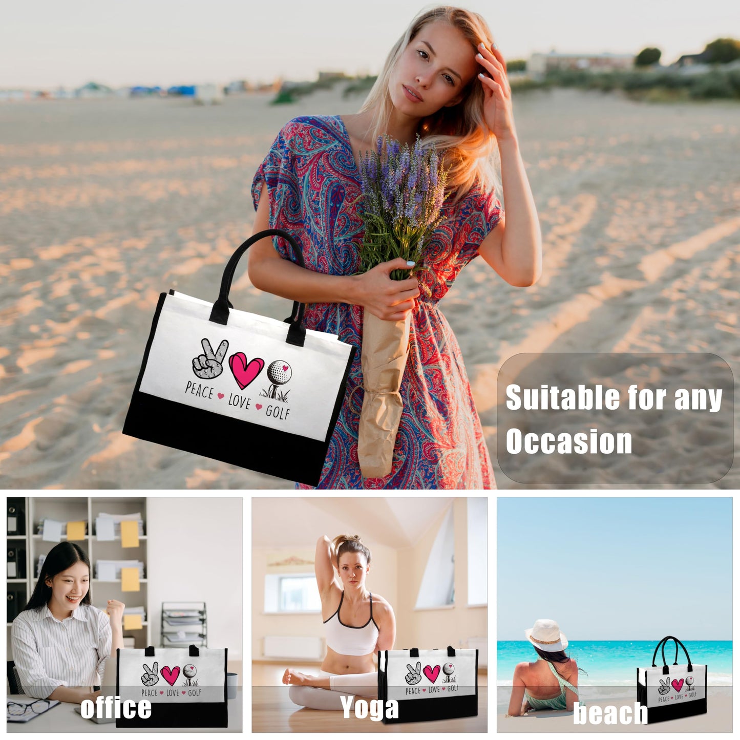 Peace Love Softball Tote Bag with Pockets for Women - A01-A08