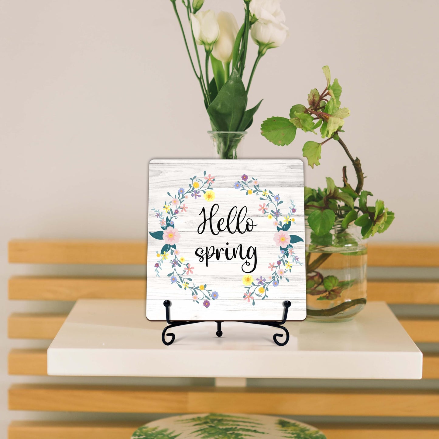 Spring Decor, Hello Spring Wooden Sign, Floral Wreath Desk Wood Decor with Iron Stand, Easter Gifts for Women Wood Sign Decorations for Home Office Bedroom - B05