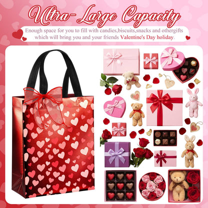 Henoyso 12 Pcs Valentines Day Gift Bags, Reusable Heart Gift Bags with Handle Ribbon, Iridescent Non-woven Holographic Medium Sparkly Tote Bulk for Valentines Party Favor Goodie Wrapping, 10 x 8 x 4''
