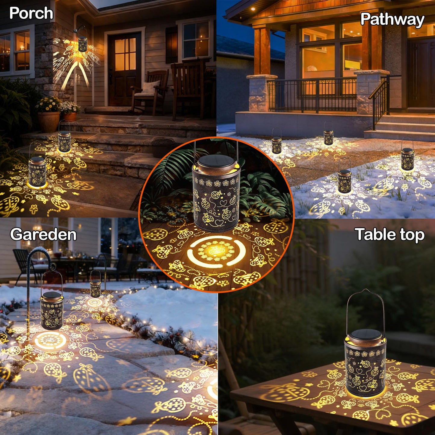 Decorative Solar Lantern Outdoor, Hanging Garden Light with Ladybug Pattern Projection, Waterproof Metal Lantern for Patio Yard Porch, Unique Gift for Women Men Mom Grandma