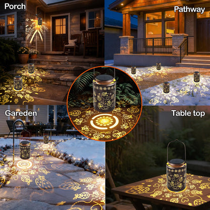 Decorative Solar Lantern Outdoor, Hanging Garden Light with Ladybug Pattern Projection, Waterproof Metal Lantern for Patio Yard Porch, Unique Gift for Women Men Mom Grandma