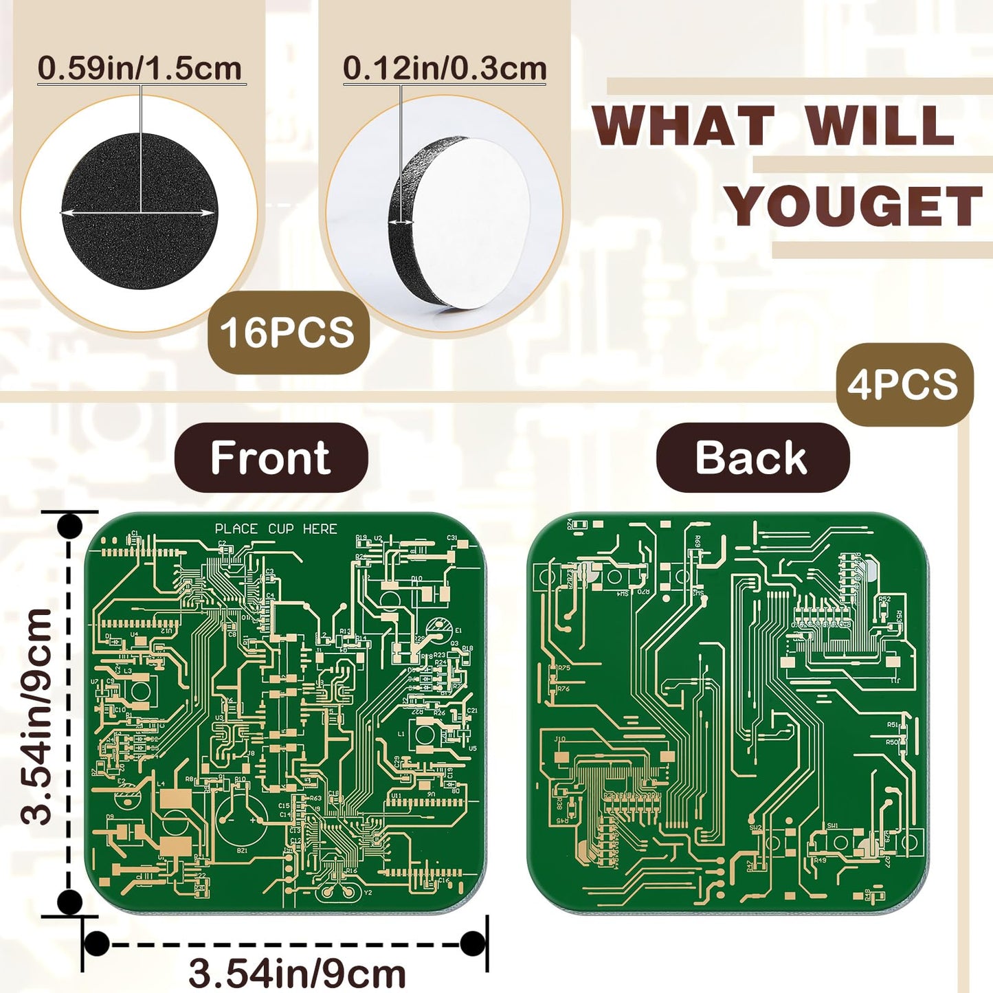 Nuenen 4 Pcs Circuit Board Coasters for Drinks PCB Coasters Immersion Gold Circuit Board PCB Design Engineer It Gift for Party Bar Office Geek Nerd Engineer Dad Gift Men(Classic Style,Green)