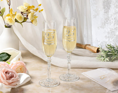 25th Anniversary Decorations Gifts for Couple, Classical Style 25th Wedding Anniversary Champagne Flutes Glasses, Crystal Champagne Glasses Set of 2, Gifts for husband, wife, Couple