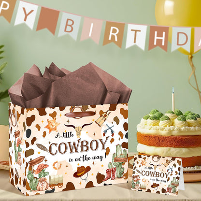 Frakron Cowboy Baby Shower Birthday Gift Bag for Baby Boys A Little Cowboy is On The Way Bag with Wrapping Paper Card Wild West Western Rodeo Gift Bag for Baby Shower Birthday Party Supplies