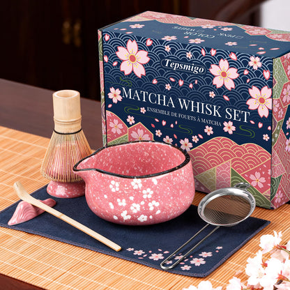 Matcha Whisk Set, 7 PCS Ceramic Matcha Sets with Bowl, Bamboo Whisk and Holder, Towel, Sifter, Bamboo Scoop, Scoop Rest, Christmas Gifts for Tea Lovers, Birthdays New Year Gifts for Women Mom