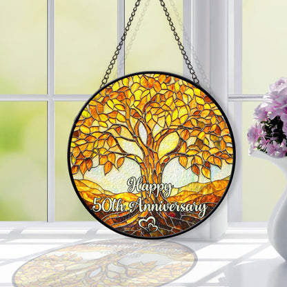 50th Wedding Anniversary Faux Stained Glass Suncatcher, 50 Years of Maried Anniversary Ornament, Golden Anniversary Window Hanging, Tree of Life Keepsake Suncatcher