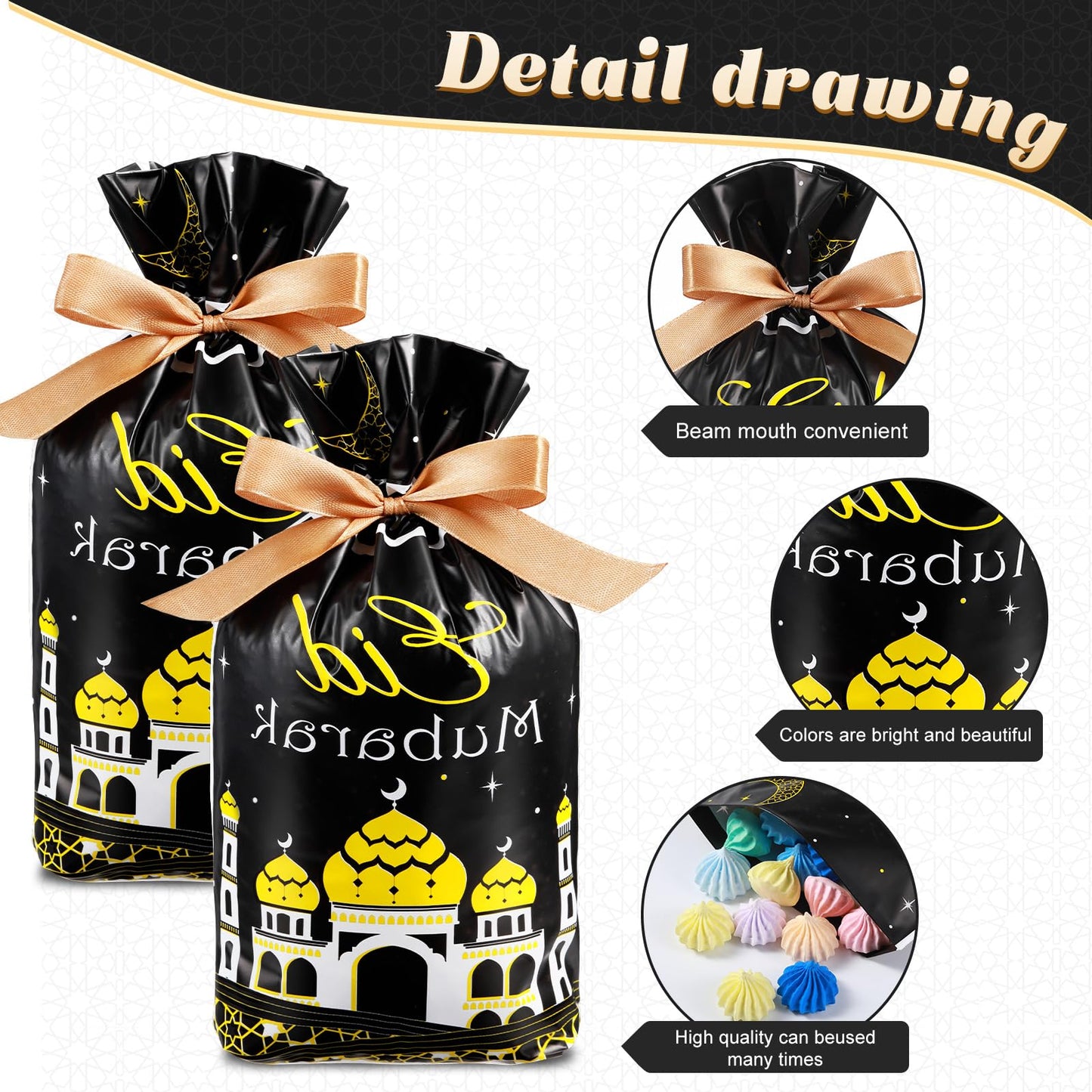 Blulu 50 Pcs Eid Mubarak Gifts Bags Plastic Ramadan Gift Bags Arabesque Moon Bulk Mosque Happy Eid Theme Goodie Pouches for Muslim Mubarak Party Candy Wrapping Supplies Decorations(Black)