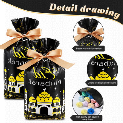 Blulu 50 Pcs Eid Mubarak Gifts Bags Plastic Ramadan Gift Bags Arabesque Moon Bulk Mosque Happy Eid Theme Goodie Pouches for Muslim Mubarak Party Candy Wrapping Supplies Decorations(Black)