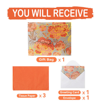 13" Large Rose Gold Gift Bag Set with Greeting Card and Orange Tissue Paper for celebrating birthdays,Mother's Day,Christmas,weddings,anniversaries,and more-13"x10.1"x5.2",1 Pcs.