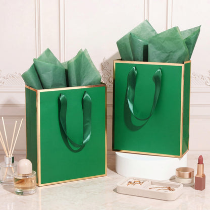 Yeaqee 24 Pack Metallic Paper Gift Bags with Handle and Tissue 9x7x3.1 Gold Foil Welcome Thank You Favor Bags Return Gifts for Wedding Graduation Bridesmaid Groomsmen Birthday(Green Gold)