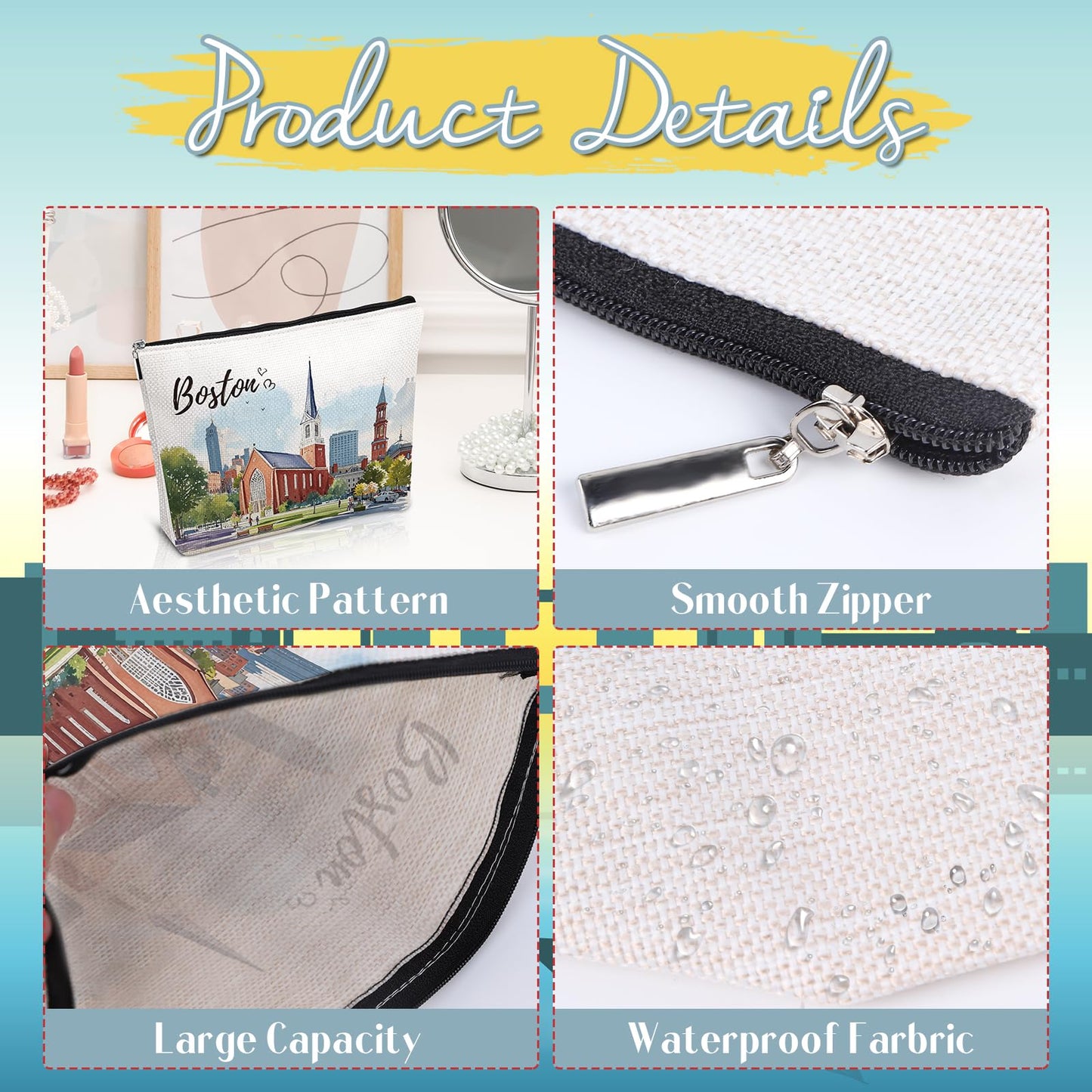 Boston Bag Souvenir Gifts - Boston City Travel Makeup Bag, Boston Theme Watercolor Cosmetic Bag, Boston Lovers Gifts, Massachusetts Gift for Women Girls Traveller