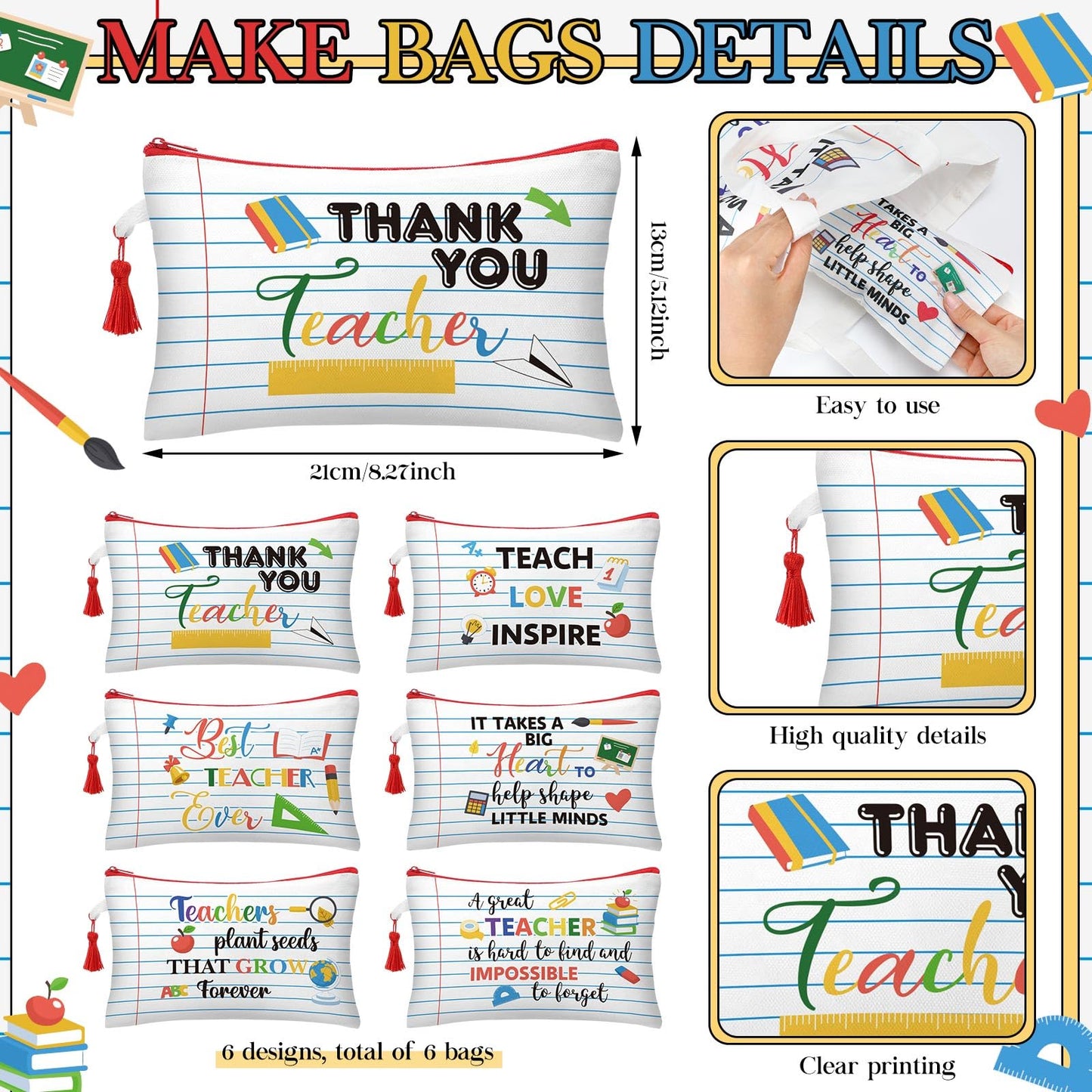 Paterr 12 Pcs Teacher Appreciation Gift Basket Filler Canvas Teacher Tote Bag Makeup Bag for Graduation School Classroom Gift