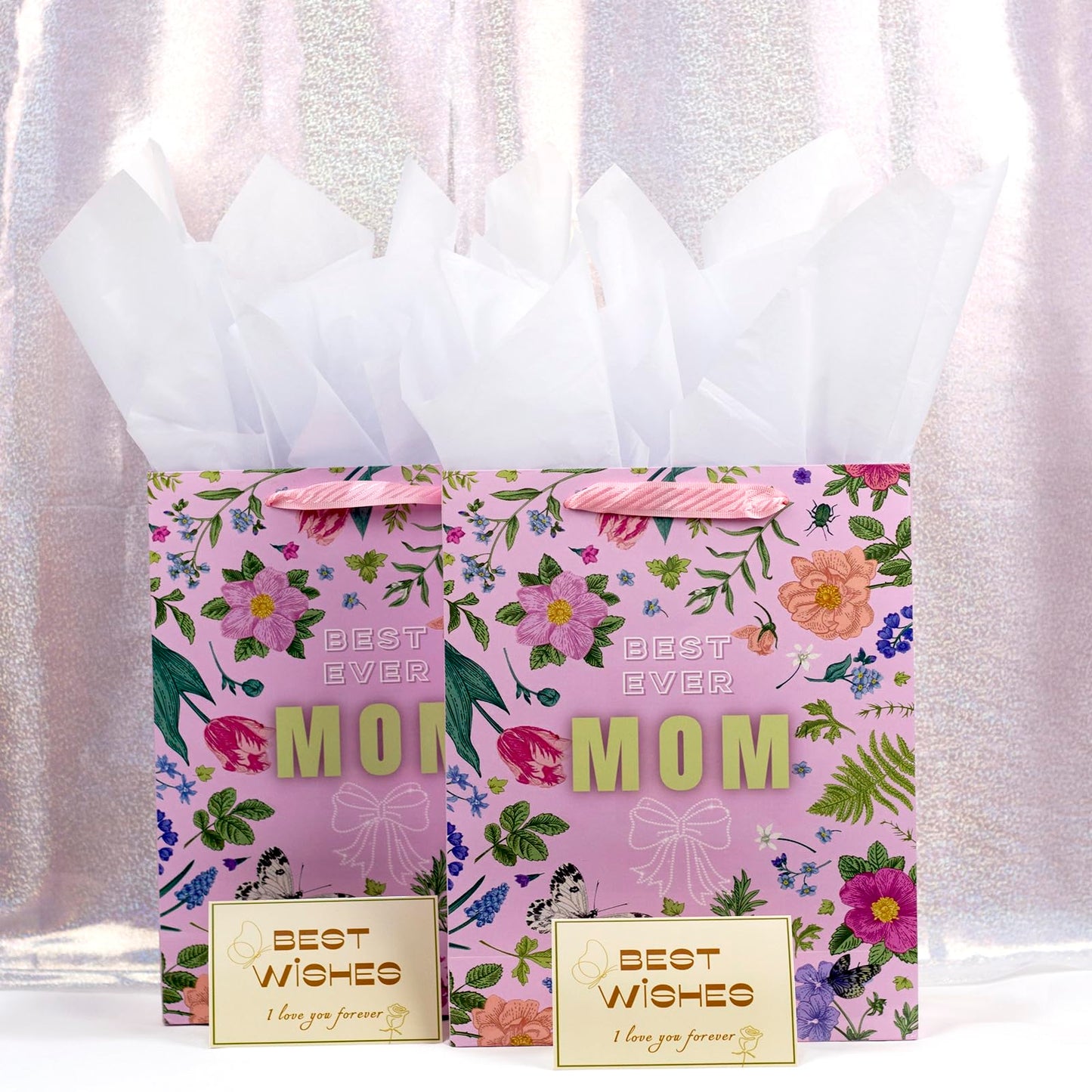 2 Pack 13" Large Mother Day Gift Bags with Handles, Pink Floral Gift Bags with Tissue Paper & Cards for Mom Grandma Women Holiday Birthday Mothers Day Gift Bags