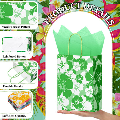 Teling 36 Set Hibiscus Party Favor Hawaiian Themed Paper Bag with Tissues Summer Tropical Gift Tiki Luau Treat Hawaii Goodie Bags with Handles Birthday Party Supplies Multicolor 8.3 x 6 x 3