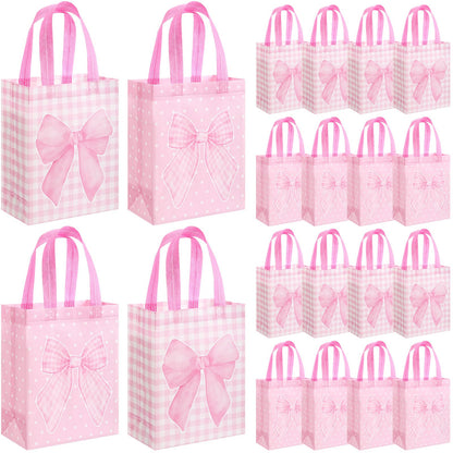 Wovnet 30 Pcs Pink Bow Gift Bags Reusable Non Woven Party Favor Bag Coquette Bow Goodie Treat Bags with Handle for Girls Wedding Bridal Shower Tea Party Birthday 10 x 8 x 4in