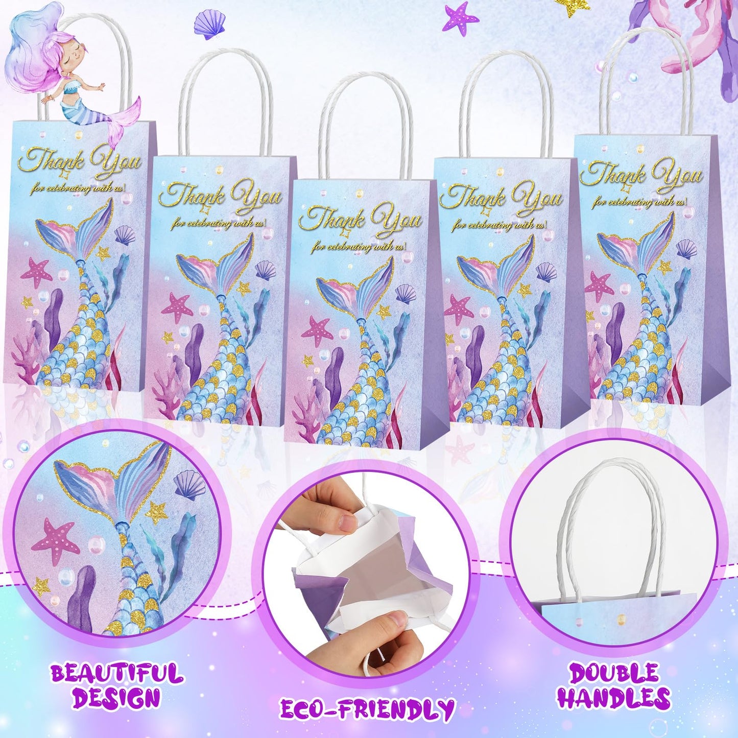 Fumete 20 Pcs Mermaid Gift Bags Mermaid Party Favor Bags Thank You Goodie Candy Treat Containers with Handles for Birthday Baby Shower Party Decoration Supplies(Mermaid Tail)