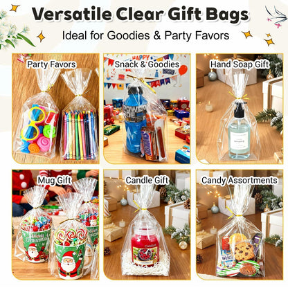 PigPotParty Cellophane Bags 8x11 Inch, 50 Pack Clear Plastic Gift Bags with Bottom Gusset for Stand-Up Display, Medium Cello Gift Wrap for Goodies, Treats, Party Favors, Mugs, Includes 50 Gold Ties