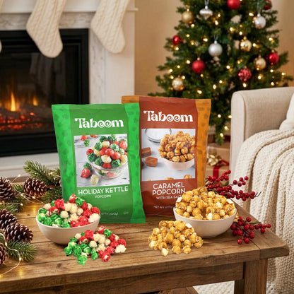 Bulk Gourmet Kettle Popcorn Candy Coated & Caramel with Sea Salt Christmas Gift Box - 2 Bag Holiday Popcorn Variety Pack (28 oz Total) Sweet & Salty Christmas Snacks for Movie Nights & Treats