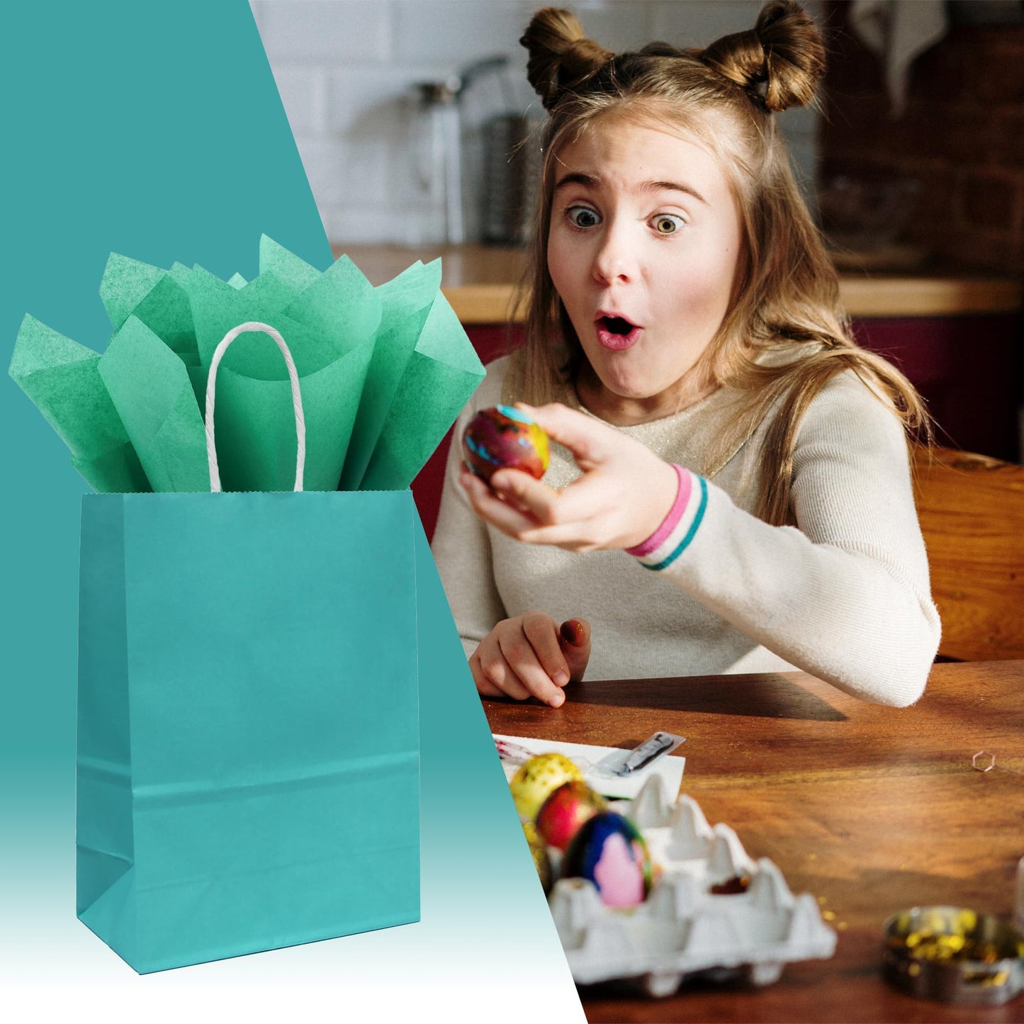 ADIDO EVA 50 Pcs Small Gift Bags Teal Blue Kraft Paper Bag Turquoise Gift Bags with Handles for Party Favors (8.2 x 6 x 3.1 In)