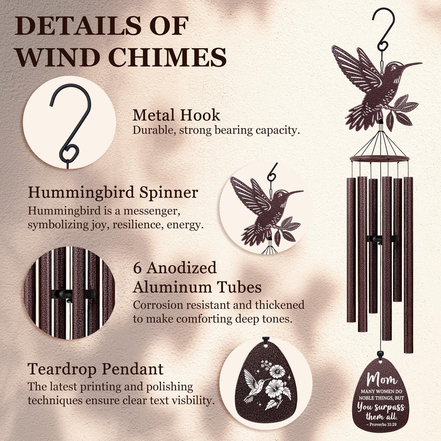 Aurahouse Mothers Day Birthday Gifts for Mom, 37'' Mom Wind Chimes, Christian Gifts for Moms, Mother Birthday Gift from Daughter Son, Religious Christmas Valentines Day Presents for Moms