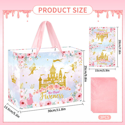 MOIZYNG Her Royal Fiveness Birthday Gift Bag, Pink Gold Castle Floral Princess 5th Birthday Gift Wrap Bags with Handles, Tissue Paper and Greeting Card for Girls 5 Year Old Party Favors Decorations