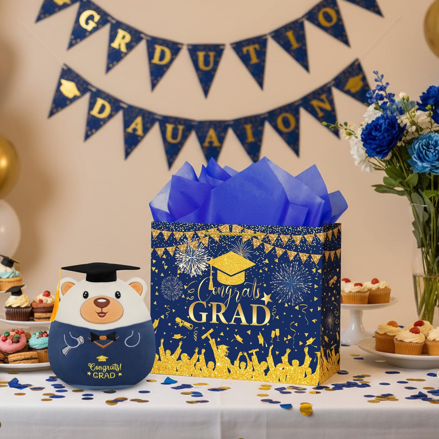 Congrats Gift Bag Class of 2026 - Graduation Gift Bag Blue and Gold Congrats Grad Bags with Card Tissue Paper Envelope Congratulations Gifts Bag for Men Women Student Teacher College Graduation 12 Inch