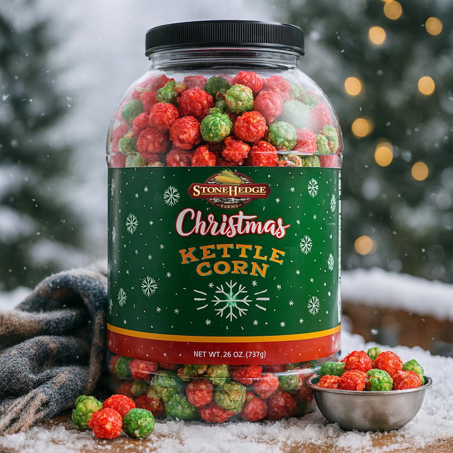 Stonehedge Farms Christmas Kettle Corn Popcorn | 26 oz Large Tub | Perfect for the Holidays | Green and Red | Bulk Gourmet Popped Sweet Snacks | Pop Corn Gift