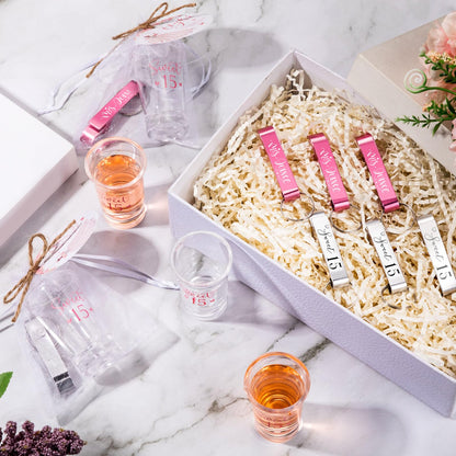 SiliFine 30 Set Quinceanera Party Favors for Guests Sweet 15th Acrylic Shot Glasses Bottle Opener Keychain Organza Bags Thank You Cards Rope Quinceanera Gift for 15th Birthday Party Favor (Pink)