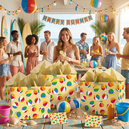 Woosytoo Beach Ball Gift Bag with Tissue Paper and Card - Colorful Summer Pool Party Gift Wrapping Bag - Hawaiian Luau Theme Birthday Present Sack for Kids Boys Girls Women Men
